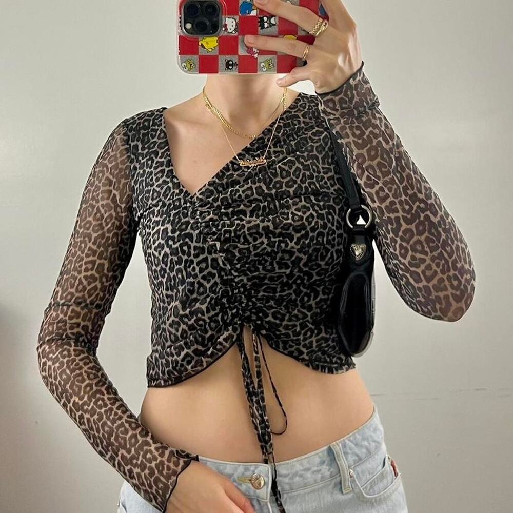 Superdown Leopard Mesh Crop Top Asymmetrical Neckline Long Sleeve